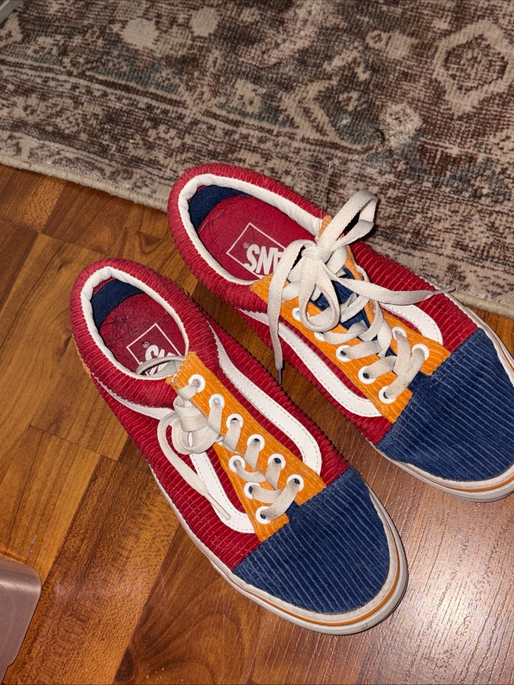 Unisex Van’s Corduroy Lace-Up Sneakers in Red, Blue & Orange